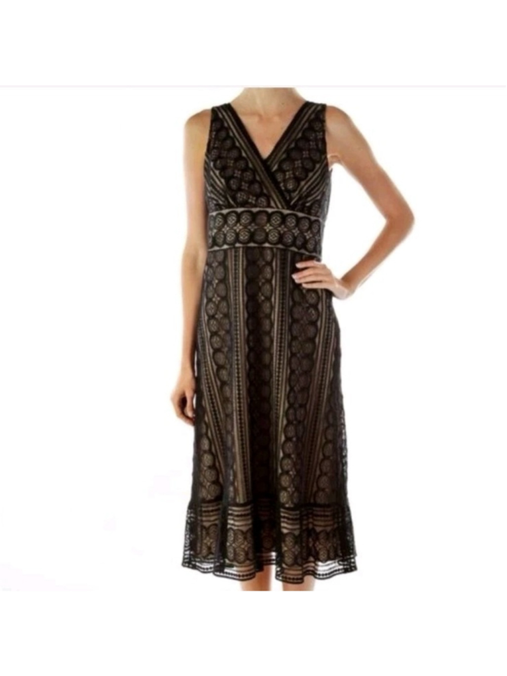 Ann Taylor LOFT Dress Sz 4 Black Nude Lace Surplice V Neck A Line Cocktail Midi